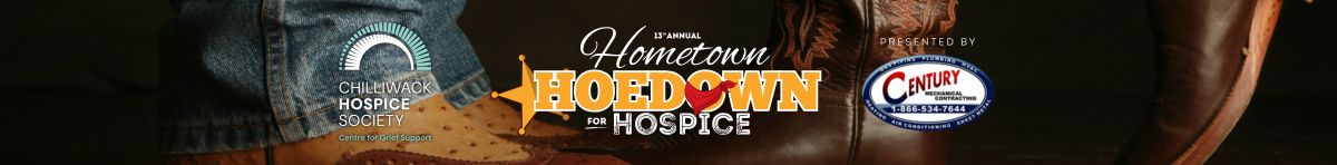 Hometown Hoedown for Hospice web banner with cowboy boots and logos for Chilliwack Hospice Society and sponsor Century Plumbing and Heating.